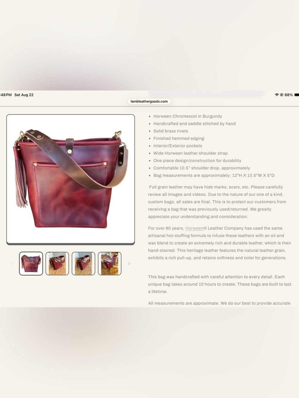 Lamb Leather Goods Burgundy Bennett Bucket Chromexcel Horween - Picture 7 of 9